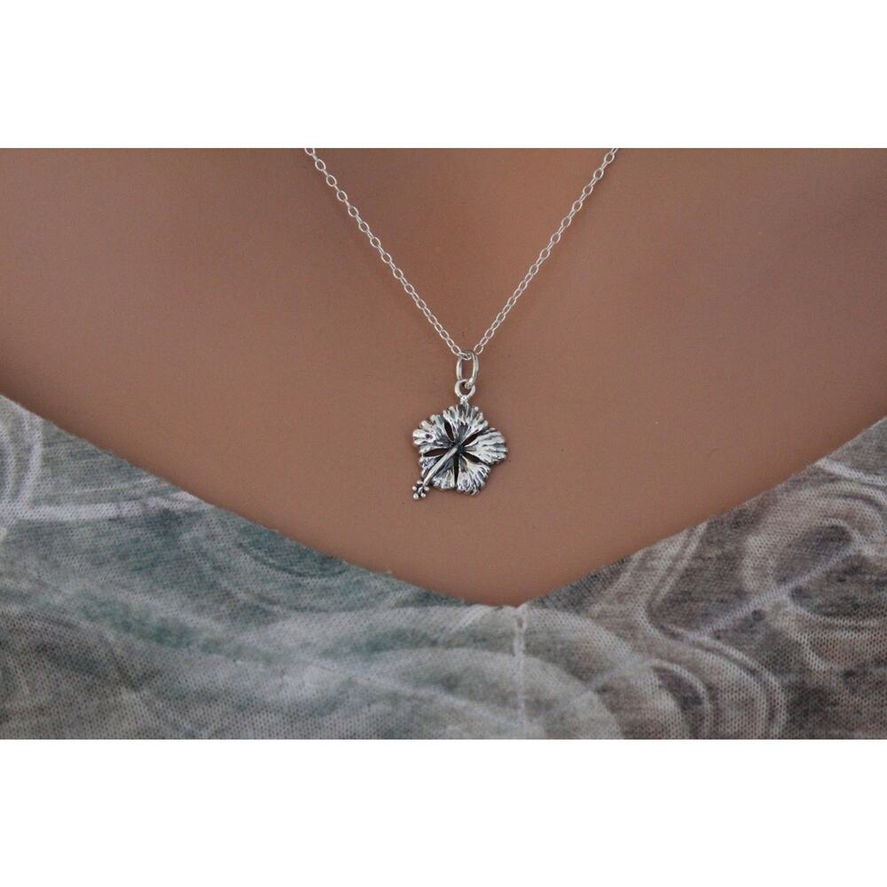 Sterling Silver Hibiscus Charm Necklace, Silver Hibiscus Charm Necklace